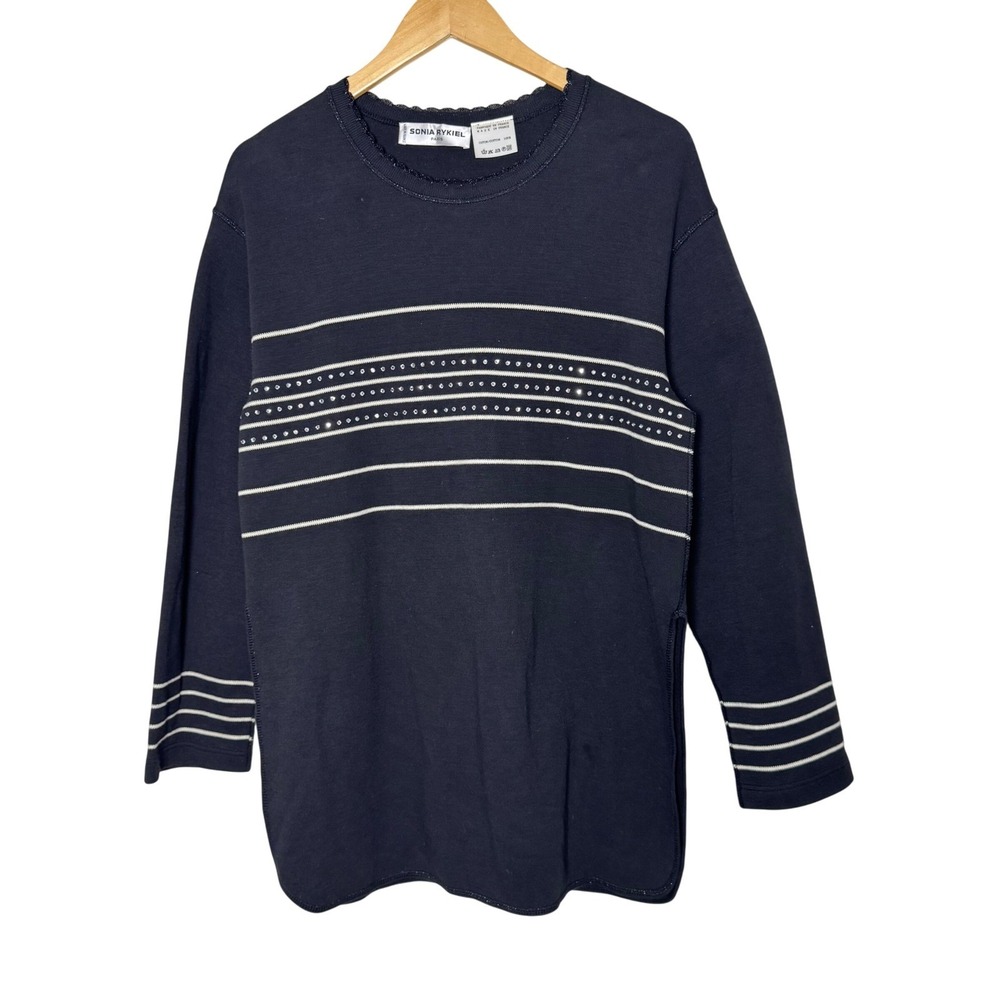 Sonia Rykiel Paris Tunic Top‎ Medium Striped Embellished Long Sleeve Black White